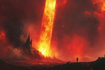 A lone figure stands before a towering, fiery pillar of light in a surreal, molten landscape, evoking a sense of awe and danger.
