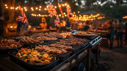 A festive BBQ gathering on the sand, Australian flags and traditional dishes celebrating culture