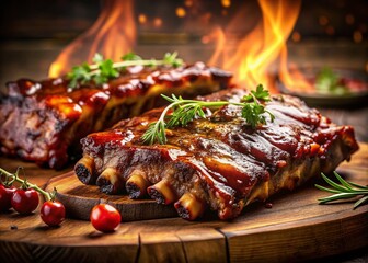 Delicious Barbecue Ribs Glowing in Low Light, Smoky Atmosphere