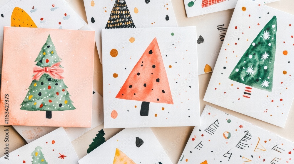 Poster colorful collection of handcrafted christmas cards featuring festive tree designs and playful patter