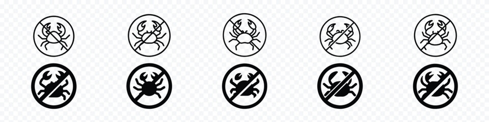No Crabs Sign, Forbidden crab crayfish vector icon. Warning, caution, attention, restriction, label, ban, danger, forbidden crab icon set