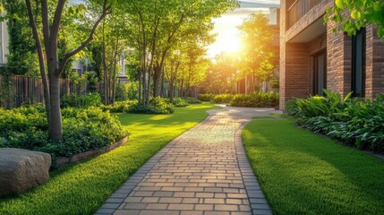 Obraz premium Sunlit Pathway Through Lush Green Landscape Near Brick Building