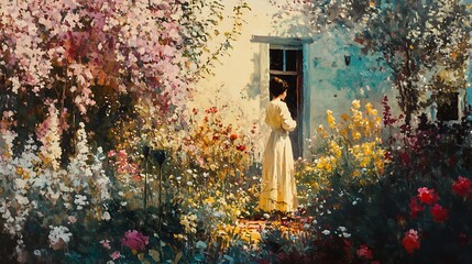 Vibrantly Painted Woman Contemplates Spring Garden Scene. AI Generated
