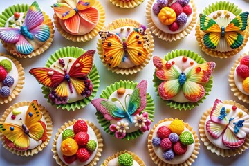 Fototapeta premium Delicious Butterfly-Shaped Cakes: Whimsical Dessert Photography on White