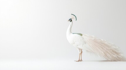 Obraz premium Elegant White Peacock Showcasing Its Majestic Feathers in a Minimalist Studio Setting, Perfect for Nature and Wildlife Photography Enthusiasts