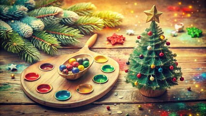Vintage Christmas Art Palette with Festive Tree & Star