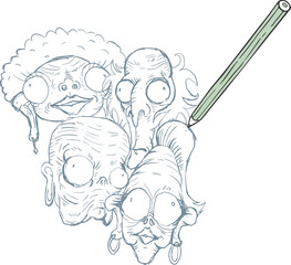 Design of pencil drawing cartoon faces