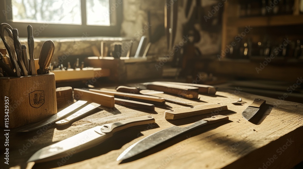 Poster A sunlit workshop with a setup for creating custom knives, featuring various blades, handles