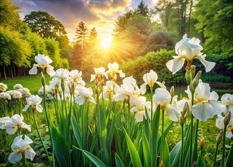 Stunning white Siberian irises blossom, creating a captivating spring garden landscape photograph.