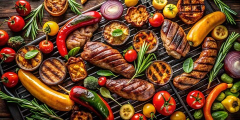 Fototapeta premium Delicious Grilled Meat & Veggie BBQ Feast - Top View Isolated White Background