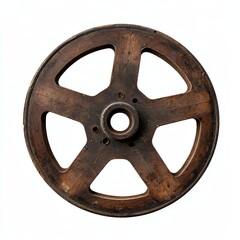 A circular wooden wheel with a five-spoke design, showcasing a vintage aesthetic and weathered texture, emphasizing its industrial charm.