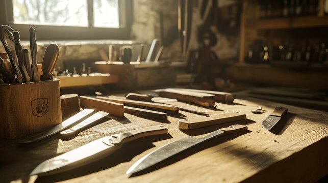 A sunlit workshop with a setup for creating custom knives, featuring various blades, handles