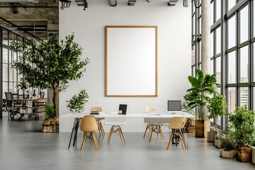 Modern and Eco-Friendly Office Workspace Design with Large Window and Blank Poster