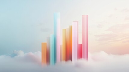 Fototapeta premium Abstract representation of rising colorful bars emerging from clouds symbolizing growth, achievement, potential, and success in a modern business environment.