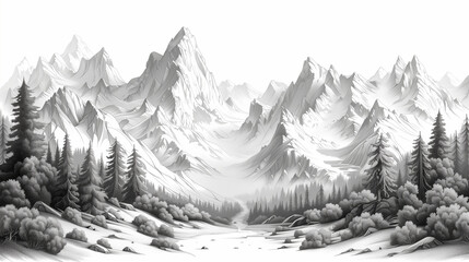 Fototapeta premium Dessin en noir et blanc d'un panorama de montagnes et reliefs vallonnés rocheux, paysage montagne champêtre et sauvage avec cratères, forêt et rivière