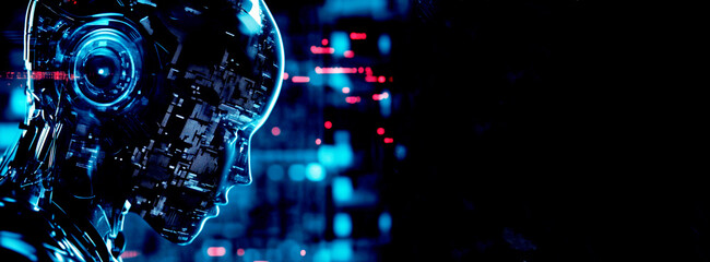 A futuristic banner showcasing a robot face with a detailed wireframe design, symbolizing artificial intelligence. The composition includes ample copy space