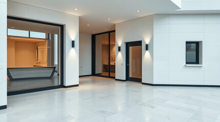 Modern Interior Hallway with Glass Doors and Lighting