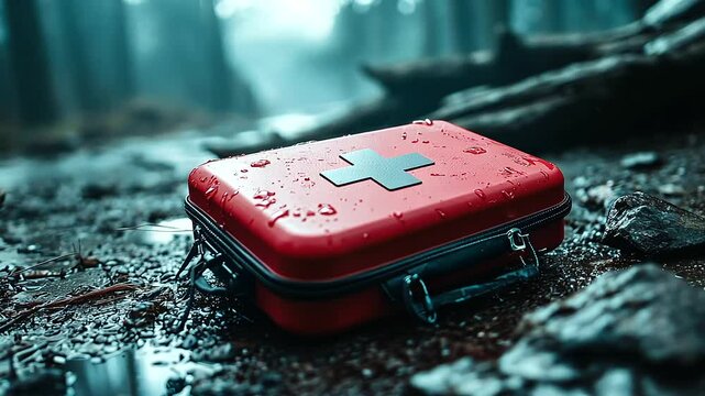 A compact red first aid kit resting on a rugged outdoor surface, emphasizing its use in emergency preparedness during adventures