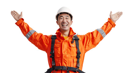 a man wearing a hard hat and orange jumpsuit