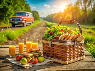 Delicious Road Trip Snacks: Fresh Fruit & Sandwiches in a Picnic Basket by Car