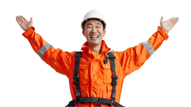 a man wearing a hard hat and orange jumpsuit
