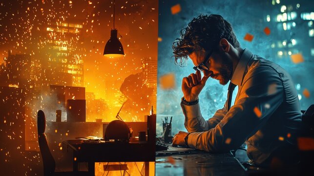 Worker exiting office standard urban environment creative splitscreen visual evening scene dynamic concept for modern professionals