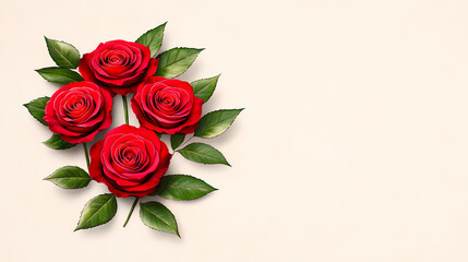 Fototapeta premium Beautiful red roses with lush green leaves arranged on soft background, creating romantic and elegant atmosphere. Perfect for floral designs and decorations