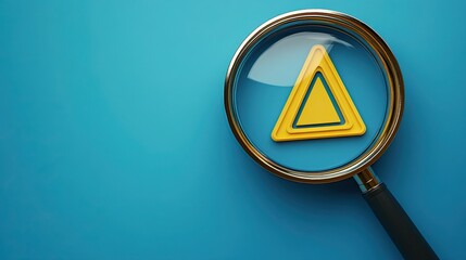 A blue background with a yellow caution triangle within a magnifying glass