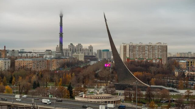 MOSCOW, RUSSIA - NOVEMBER 9, 2024: A beautiful view of the city skyline featuring the monument to the conquerors of space