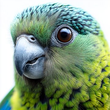 A close-up of a kakapo set against a white background.