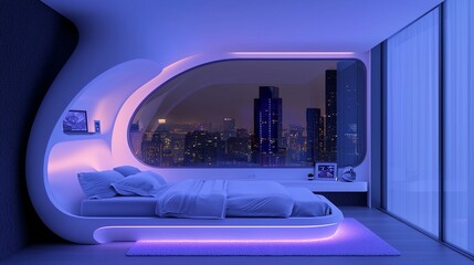 Obraz premium Futuristic bedroom with city view at night. (1)