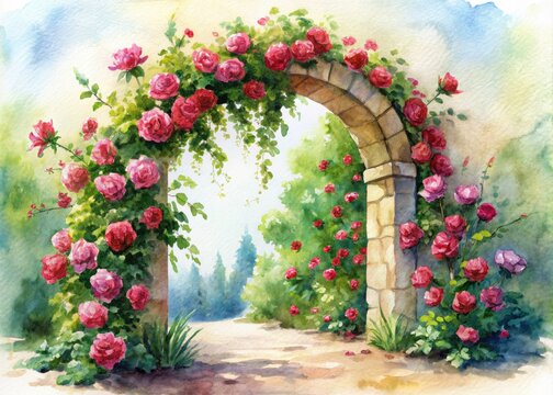 White background watercolor landscape features a floral rose arch, ideal for text.  Botanical illustration, romantic garden scene.
