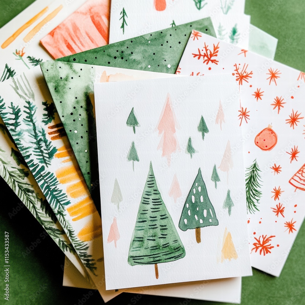 Poster beautifully designed christmas cards featuring festive trees and patterns on a green background. gen