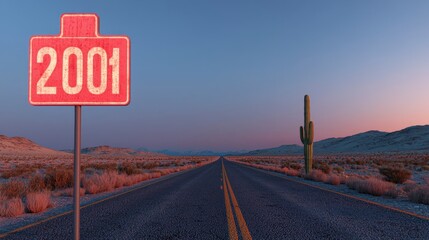 Desert Highway 2001  Vintage Road Sign  Cactus  Sunset Landscape