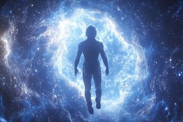 Naklejka premium A silhouette of a man, depicted in a cosmic setting, surrounded by a swirling nebula of blue and white. The atmosphere conveys a sense of exploration.