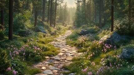 Fototapeta premium Sunlit Forest Path Flowers Stone Pathway