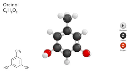 Molecule: Orcinol. Reagent. Molecular structure. Formula: C7H8O2. Chemical model: Ball and stick. White background. 3D illustration.