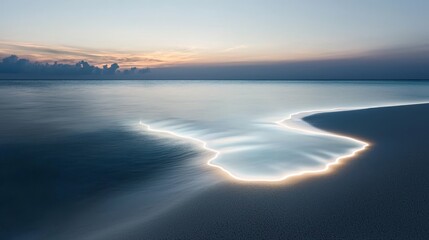 Fototapeta premium Tranquil Seascape at Dusk: Serene Waves Glistening on the Shoreline with Soft Hues of Sunset Reflection and Gentle Light, Creating a Dreamlike Atmosphere