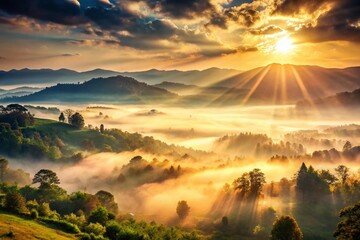 Vintage Morning Valley Mist Sunrise Landscape Photo