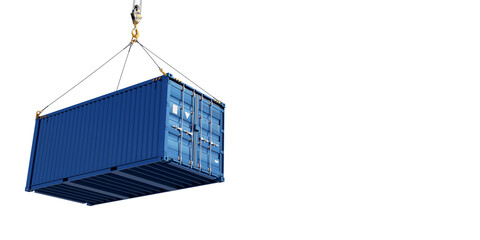 Bottom view of a blue shipping container being hoisted by hooks, isolated on a transparent background. The concept of transportation and logistics goods. Copy space. PNG. 3D illustration © Orange Dragon Studio