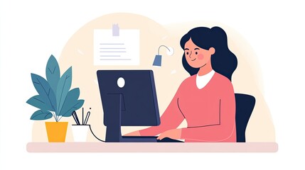 Happy woman working on computer at desk with plant.
