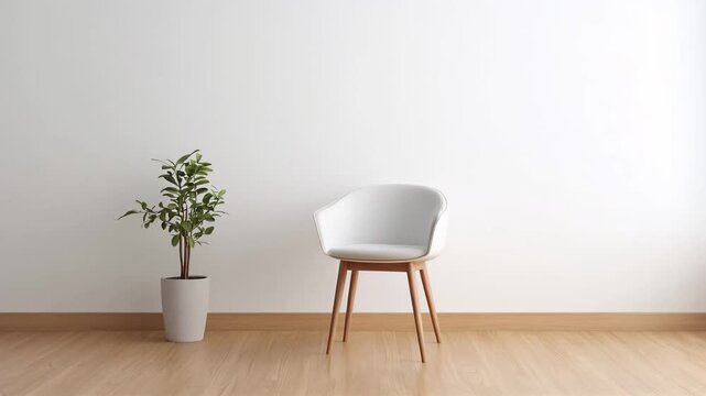 Collection of Footage "A chair with wooden legs in a modern minimalist interior, wooden vinyl flooring, and a clean white wall"