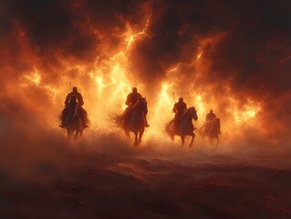 Fototapeta premium a dramatic scene of the horsemen galloping across a barren desert under a stormy sky, with lightning illuminating their dark figures. 