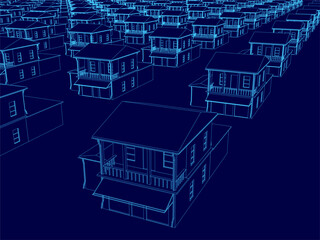 Blue image of a cityscape with many buildings. The buildings are all different sizes and shapes, and they are all lined up in a row. The image has a futuristic feel to it