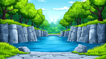 Serene river flows through lush green forest, flanked by rocky cliffs.