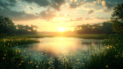 Naklejka premium Serene sunset over calm lake with lush vegetation.