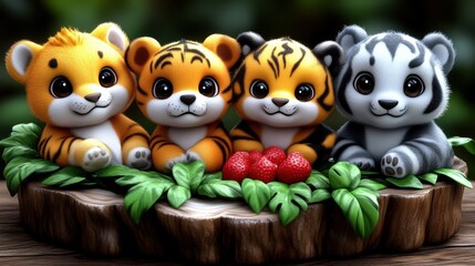 Obraz premium Four adorable cartoon tiger cubs sitting on a log with berries.