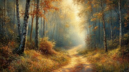 Obraz premium Autumn Path Through A Sunlit Birch Forest