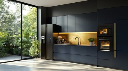 A chic kitchen with navy blue cabinets, a gold backsplash, picture
