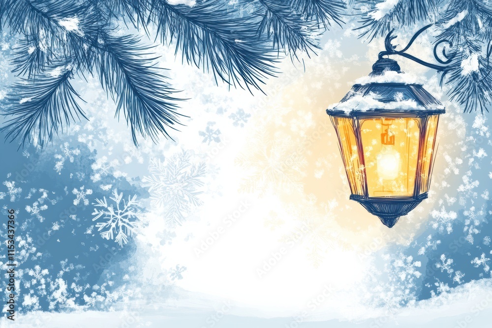 Poster Glowing street lantern amidst snowflakes and winter trees creating a serene atmosphere in a snowy setting. Generative AI